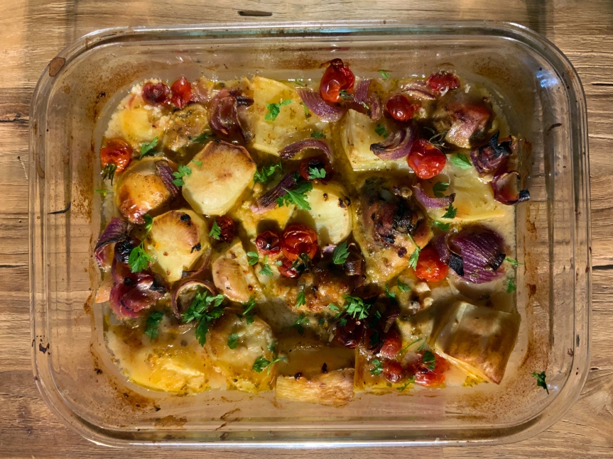 Thyme and lemon chicken on a bed of candied potatoes.